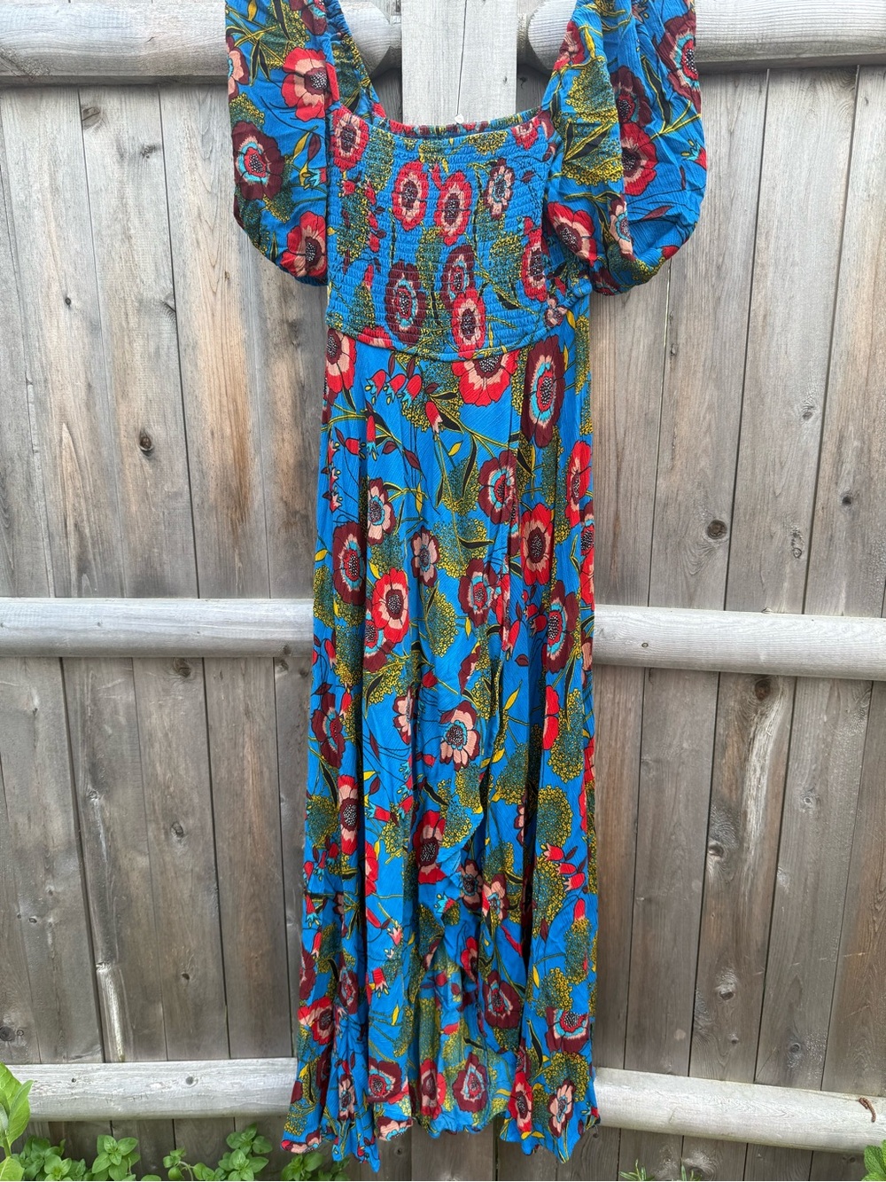 Band of Gypsies Blue Floral Maxi Dress with Puff Sleeves